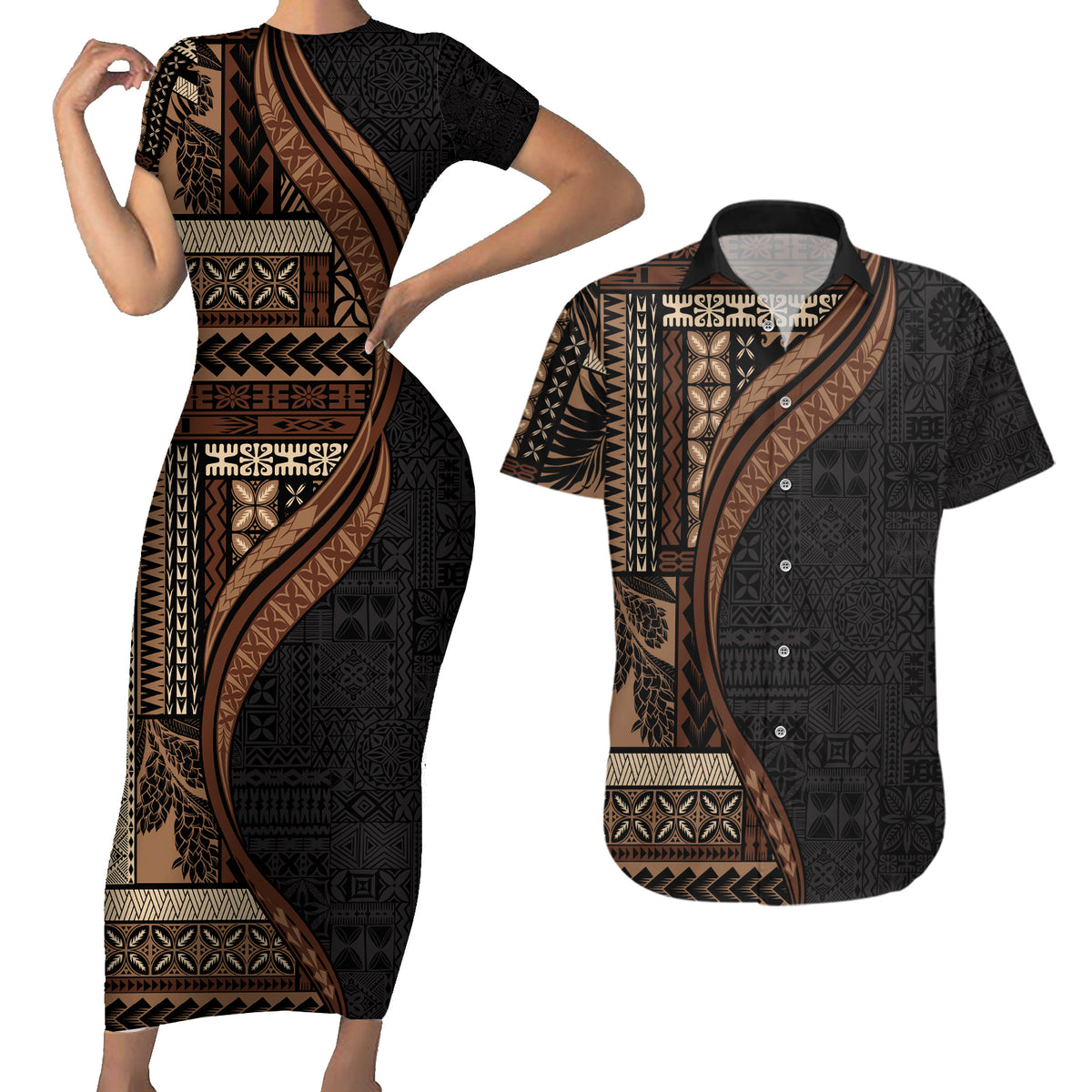 Samoa Siapo Motif and Tapa Pattern Half Style Couples Matching Short Sleeve Bodycon Dress and Hawaiian Shirt Black Color LT03 Black - Polynesian Pride