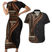 Samoa Siapo Motif and Tapa Pattern Half Style Couples Matching Short Sleeve Bodycon Dress and Hawaiian Shirt Black Color LT03 Black - Polynesian Pride