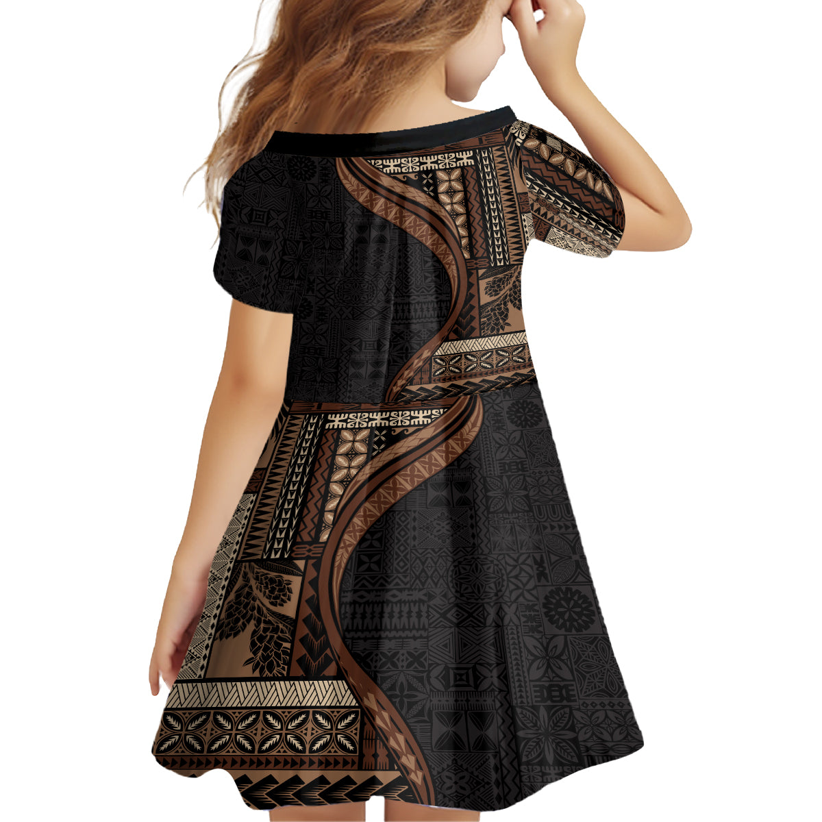 Samoa Siapo Motif and Tapa Pattern Half Style Family Matching Long Sleeve Bodycon Dress and Hawaiian Shirt Black Color LT03 - Polynesian Pride
