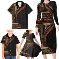 Samoa Siapo Motif and Tapa Pattern Half Style Family Matching Long Sleeve Bodycon Dress and Hawaiian Shirt Black Color LT03 - Polynesian Pride