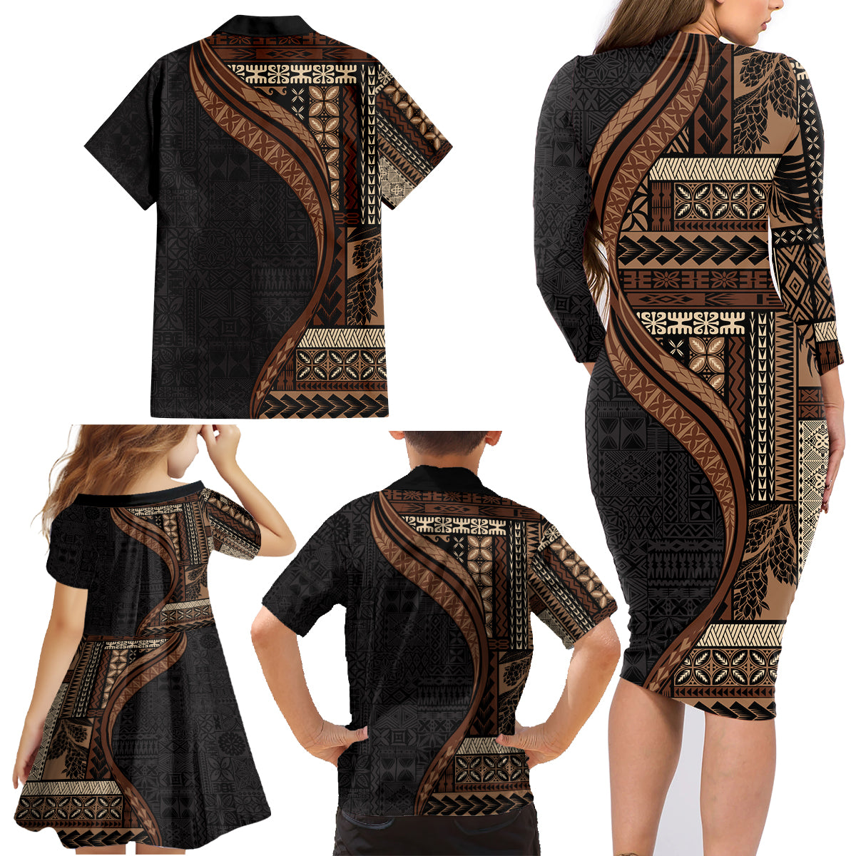 Samoa Siapo Motif and Tapa Pattern Half Style Family Matching Long Sleeve Bodycon Dress and Hawaiian Shirt Black Color LT03 - Polynesian Pride