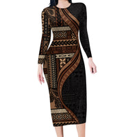 Samoa Siapo Motif and Tapa Pattern Half Style Family Matching Long Sleeve Bodycon Dress and Hawaiian Shirt Black Color LT03 Mom's Dress Black - Polynesian Pride