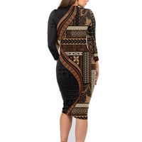 Samoa Siapo Motif and Tapa Pattern Half Style Family Matching Long Sleeve Bodycon Dress and Hawaiian Shirt Black Color LT03 - Polynesian Pride