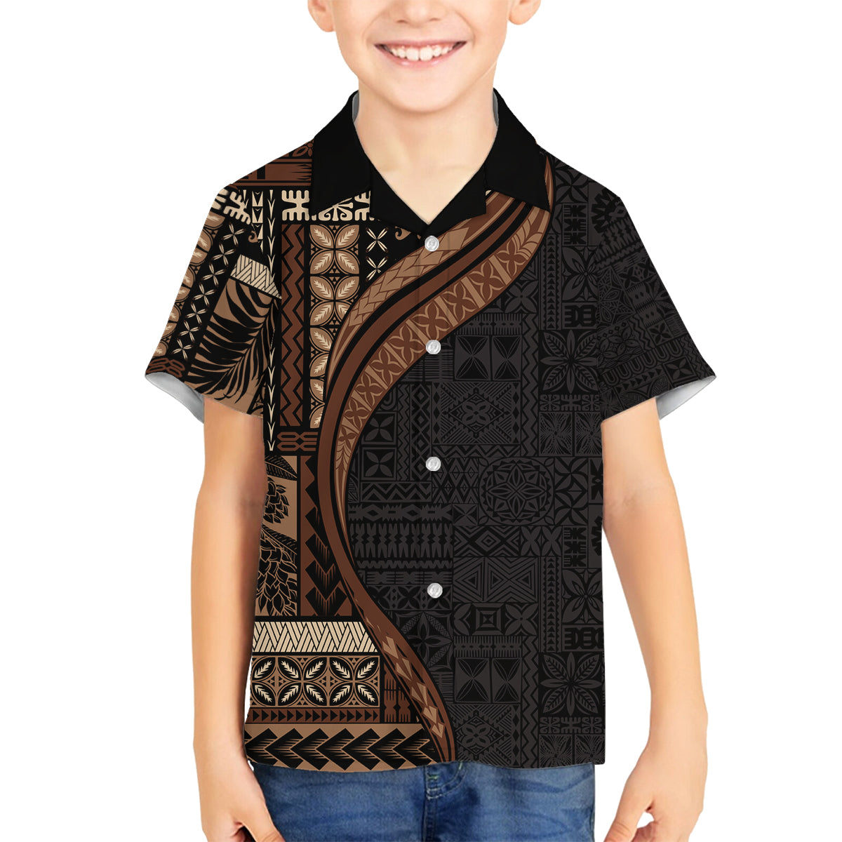 Samoa Siapo Motif and Tapa Pattern Half Style Family Matching Long Sleeve Bodycon Dress and Hawaiian Shirt Black Color LT03 Son's Shirt Black - Polynesian Pride