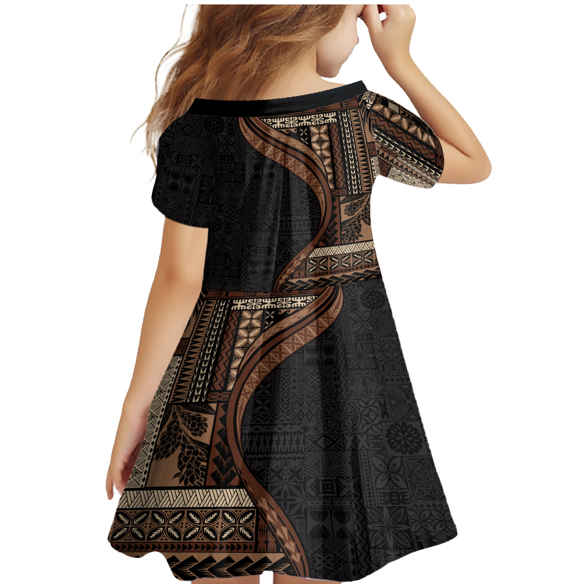 Samoa Siapo Motif and Tapa Pattern Half Style Family Matching Mermaid Dress and Hawaiian Shirt Black Color LT03 - Polynesian Pride