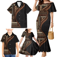 Samoa Siapo Motif and Tapa Pattern Half Style Family Matching Mermaid Dress and Hawaiian Shirt Black Color LT03 - Polynesian Pride