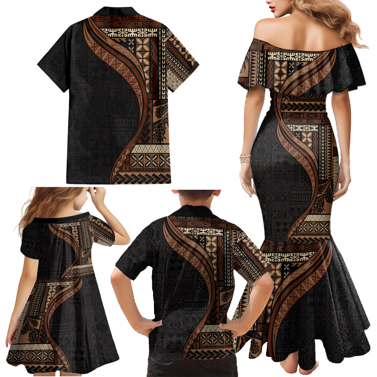 Samoa Siapo Motif and Tapa Pattern Half Style Family Matching Mermaid Dress and Hawaiian Shirt Black Color LT03 - Polynesian Pride