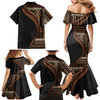 Samoa Siapo Motif and Tapa Pattern Half Style Family Matching Mermaid Dress and Hawaiian Shirt Black Color LT03 - Polynesian Pride