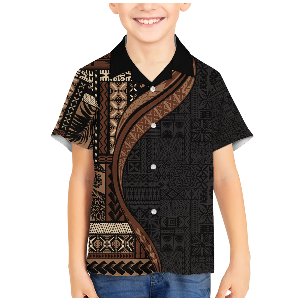 Samoa Siapo Motif and Tapa Pattern Half Style Family Matching Mermaid Dress and Hawaiian Shirt Black Color LT03 Son's Shirt Black - Polynesian Pride
