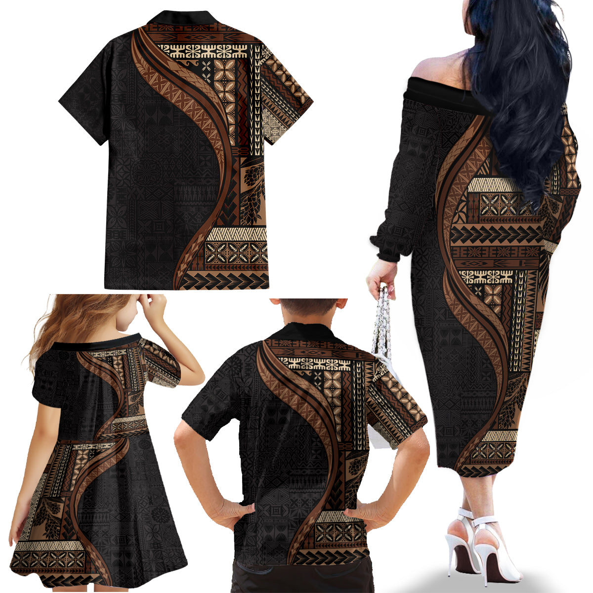 Samoa Siapo Motif and Tapa Pattern Half Style Family Matching Off The Shoulder Long Sleeve Dress and Hawaiian Shirt Black Color LT03 - Polynesian Pride