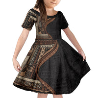 Samoa Siapo Motif and Tapa Pattern Half Style Family Matching Off Shoulder Maxi Dress and Hawaiian Shirt Black Color LT03 Daughter's Dress Black - Polynesian Pride