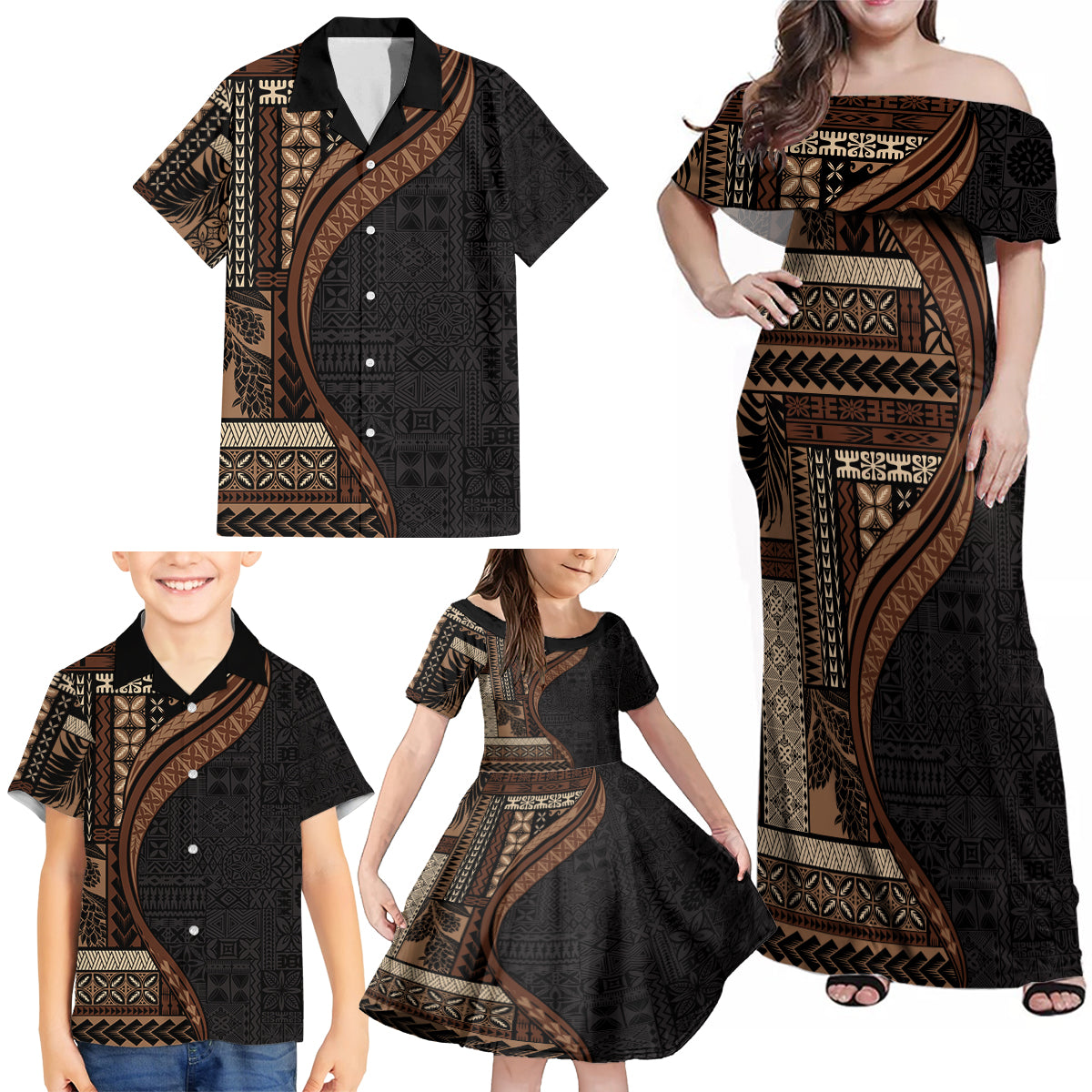 Samoa Siapo Motif and Tapa Pattern Half Style Family Matching Off Shoulder Maxi Dress and Hawaiian Shirt Black Color LT03 - Polynesian Pride