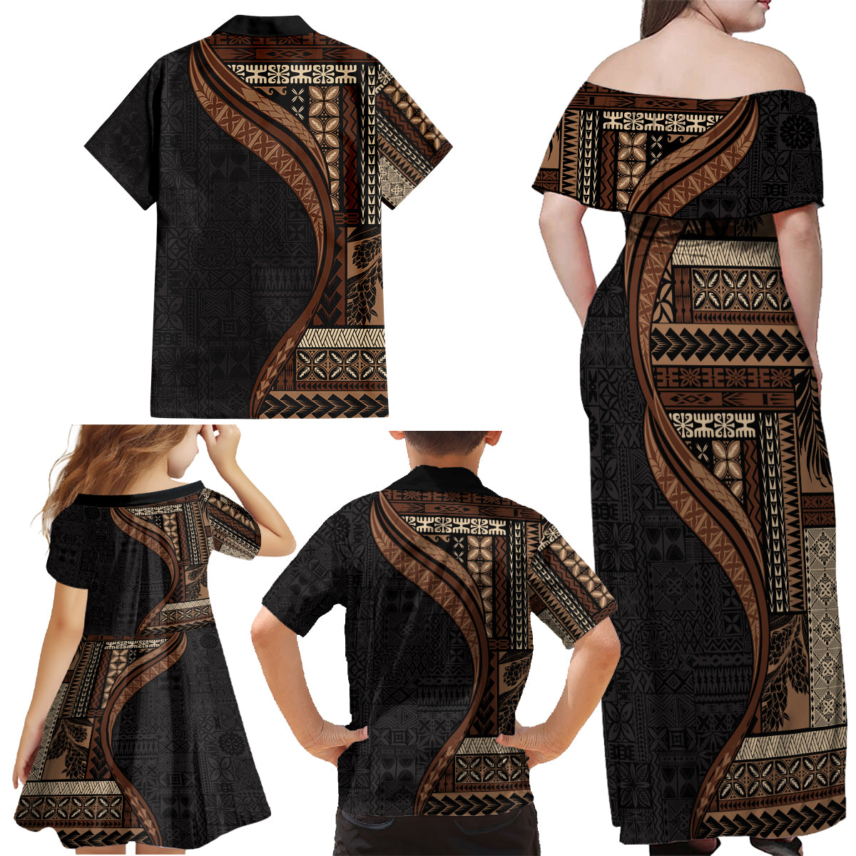 Samoa Siapo Motif and Tapa Pattern Half Style Family Matching Off Shoulder Maxi Dress and Hawaiian Shirt Black Color LT03 - Polynesian Pride