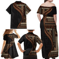 Samoa Siapo Motif and Tapa Pattern Half Style Family Matching Off Shoulder Maxi Dress and Hawaiian Shirt Black Color LT03 - Polynesian Pride