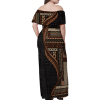 Samoa Siapo Motif and Tapa Pattern Half Style Family Matching Off Shoulder Maxi Dress and Hawaiian Shirt Black Color LT03 - Polynesian Pride