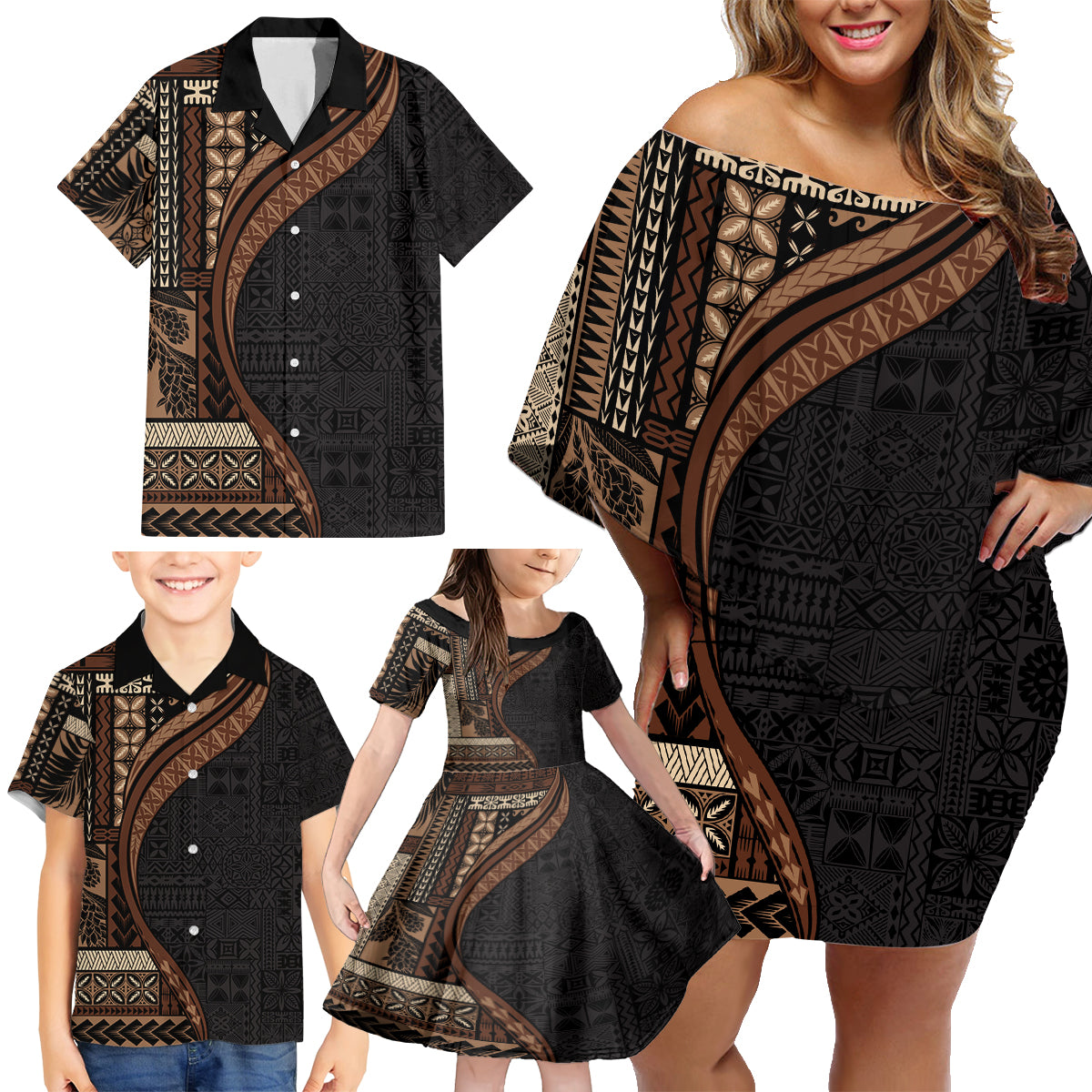 Samoa Siapo Motif and Tapa Pattern Half Style Family Matching Off Shoulder Short Dress and Hawaiian Shirt Black Color LT03 - Polynesian Pride