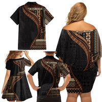 Samoa Siapo Motif and Tapa Pattern Half Style Family Matching Off Shoulder Short Dress and Hawaiian Shirt Black Color LT03 - Polynesian Pride