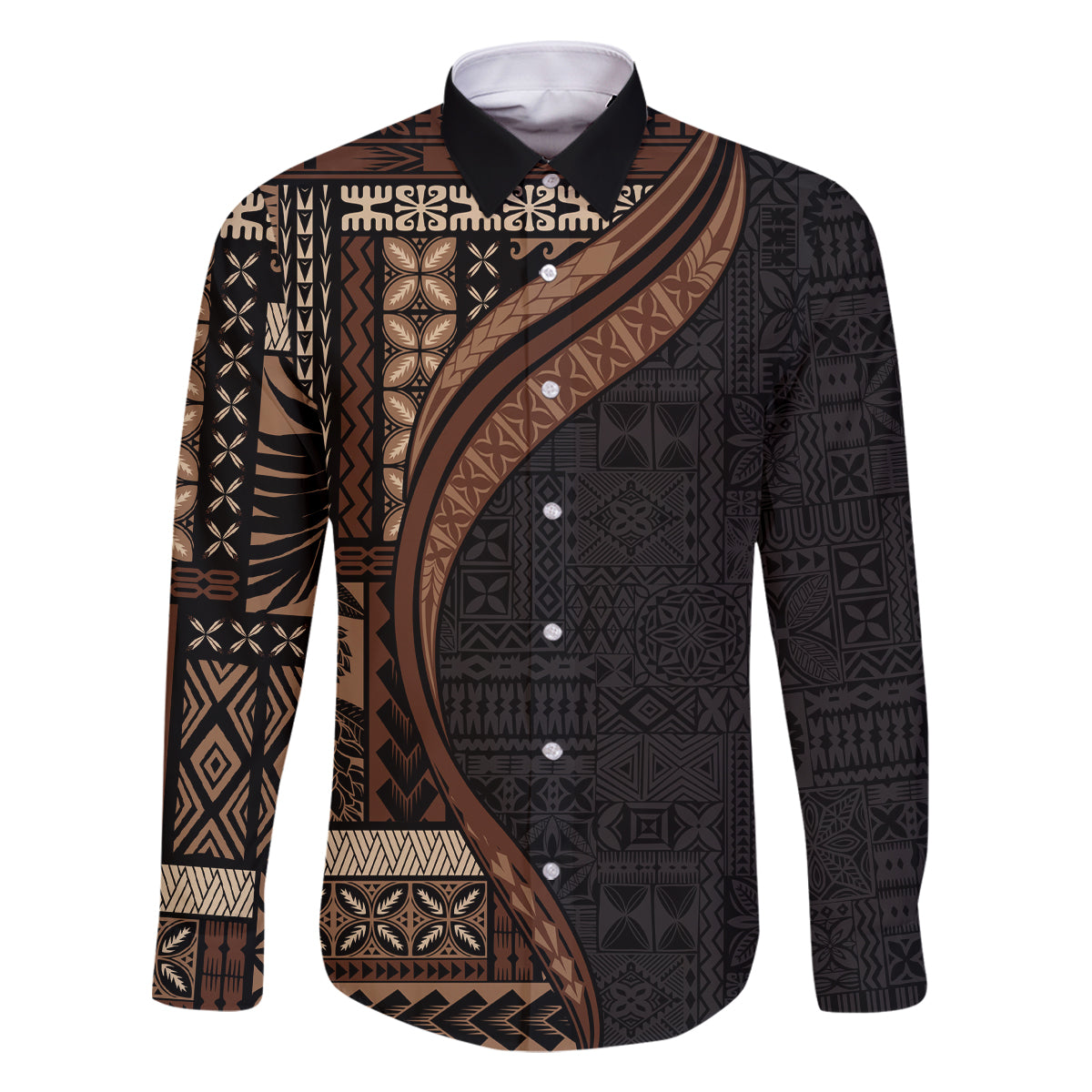 Samoa Siapo Motif and Tapa Pattern Half Style Family Matching Off Shoulder Short Dress and Hawaiian Shirt Black Color LT03 Dad's Shirt - Long Sleeve Black - Polynesian Pride