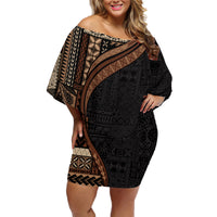 Samoa Siapo Motif and Tapa Pattern Half Style Family Matching Off Shoulder Short Dress and Hawaiian Shirt Black Color LT03 Mom's Dress Black - Polynesian Pride
