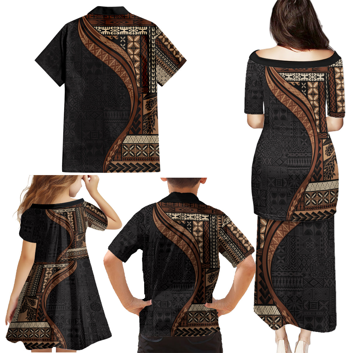 Samoa Siapo Motif and Tapa Pattern Half Style Family Matching Puletasi and Hawaiian Shirt Black Color LT03 - Polynesian Pride