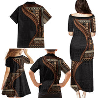 Samoa Siapo Motif and Tapa Pattern Half Style Family Matching Puletasi and Hawaiian Shirt Black Color LT03 - Polynesian Pride