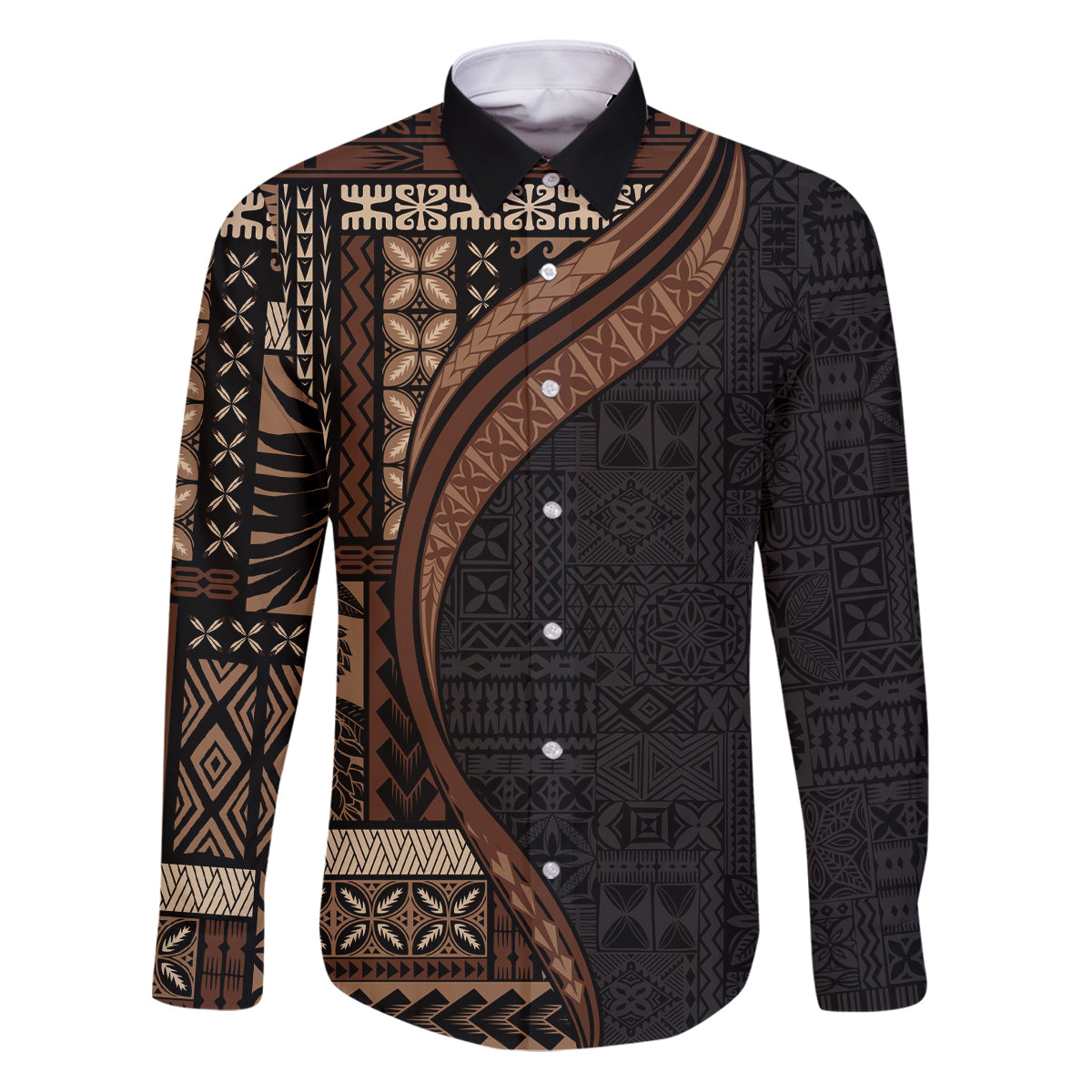 Samoa Siapo Motif and Tapa Pattern Half Style Family Matching Puletasi and Hawaiian Shirt Black Color LT03 Dad's Shirt - Long Sleeve Black - Polynesian Pride