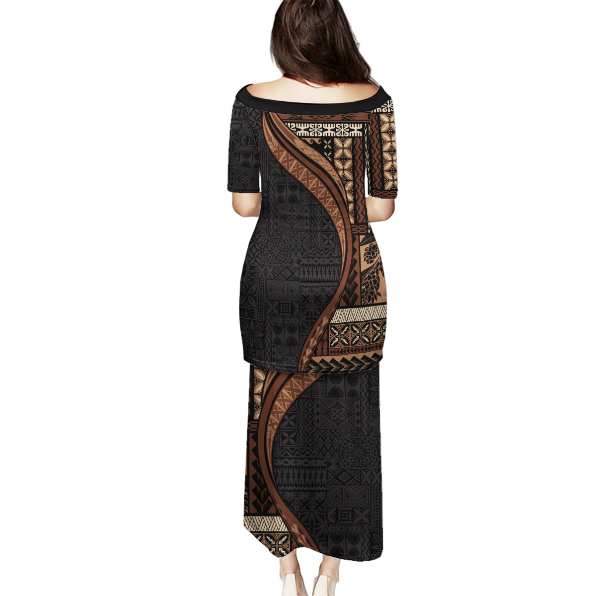 Samoa Siapo Motif and Tapa Pattern Half Style Family Matching Puletasi and Hawaiian Shirt Black Color LT03 - Polynesian Pride