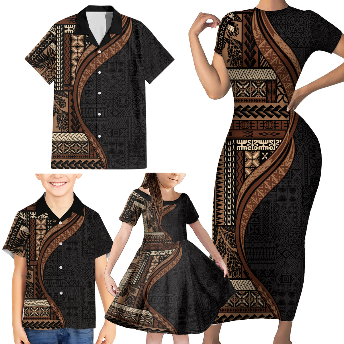 Samoa Siapo Motif and Tapa Pattern Half Style Family Matching Short Sleeve Bodycon Dress and Hawaiian Shirt Black Color LT03 - Polynesian Pride