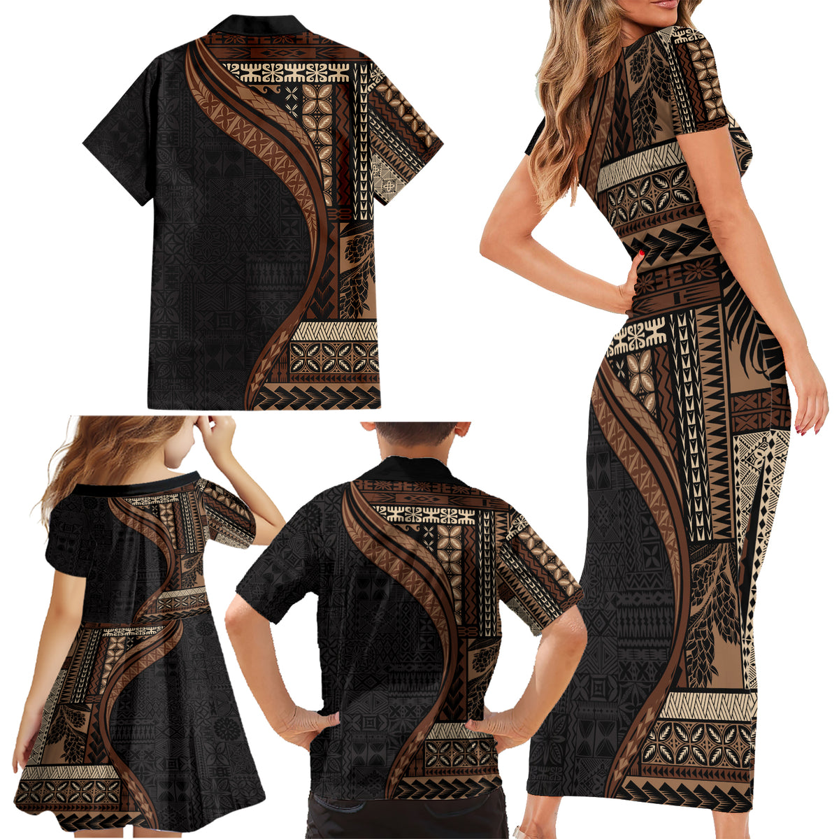 Samoa Siapo Motif and Tapa Pattern Half Style Family Matching Short Sleeve Bodycon Dress and Hawaiian Shirt Black Color LT03 - Polynesian Pride