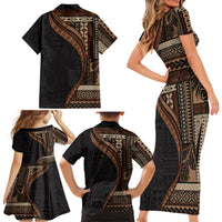 Samoa Siapo Motif and Tapa Pattern Half Style Family Matching Short Sleeve Bodycon Dress and Hawaiian Shirt Black Color LT03 - Polynesian Pride