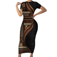 Samoa Siapo Motif and Tapa Pattern Half Style Family Matching Short Sleeve Bodycon Dress and Hawaiian Shirt Black Color LT03 Mom's Dress Black - Polynesian Pride