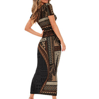 Samoa Siapo Motif and Tapa Pattern Half Style Family Matching Short Sleeve Bodycon Dress and Hawaiian Shirt Black Color LT03 - Polynesian Pride