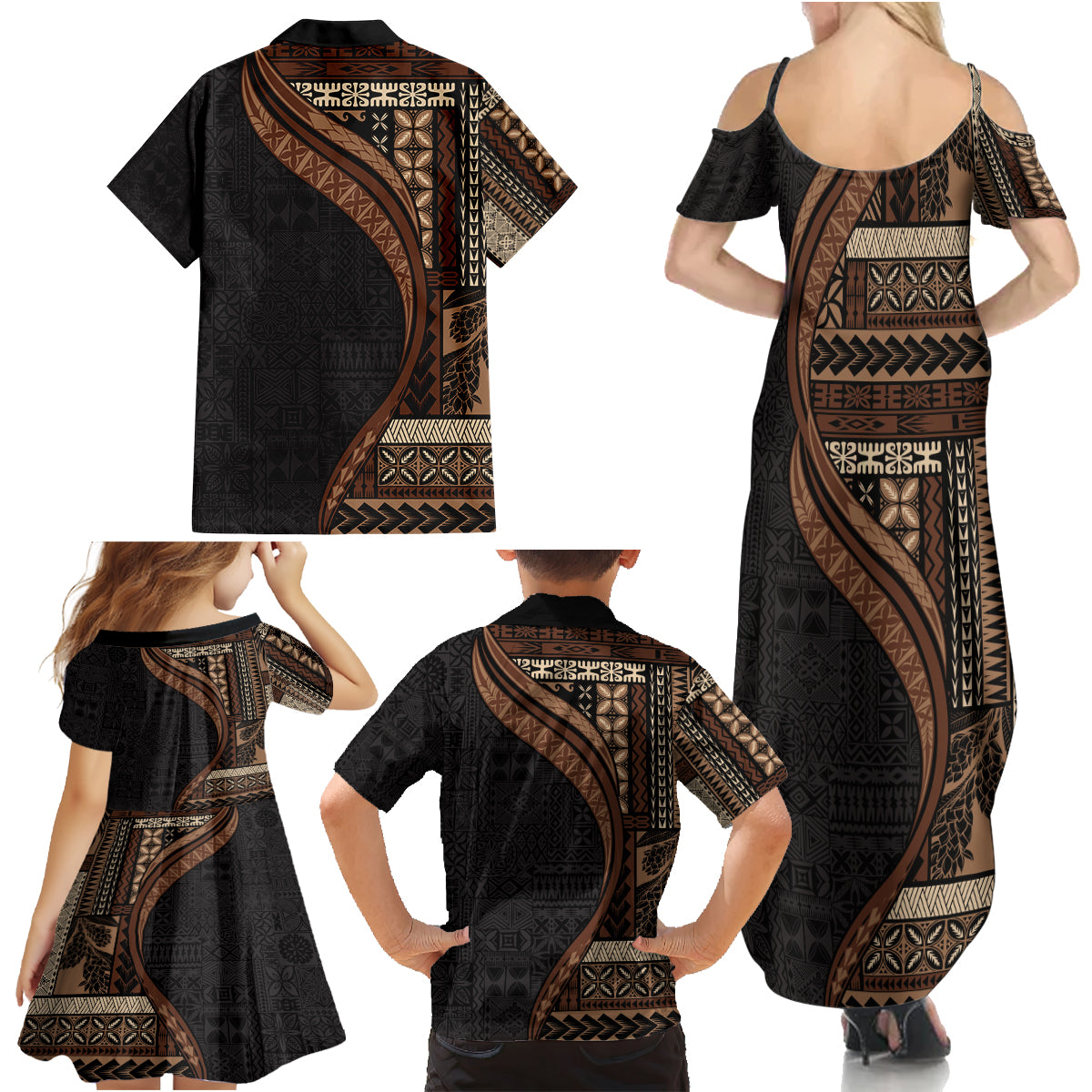 Samoa Siapo Motif and Tapa Pattern Half Style Family Matching Summer Maxi Dress and Hawaiian Shirt Black Color LT03 - Polynesian Pride