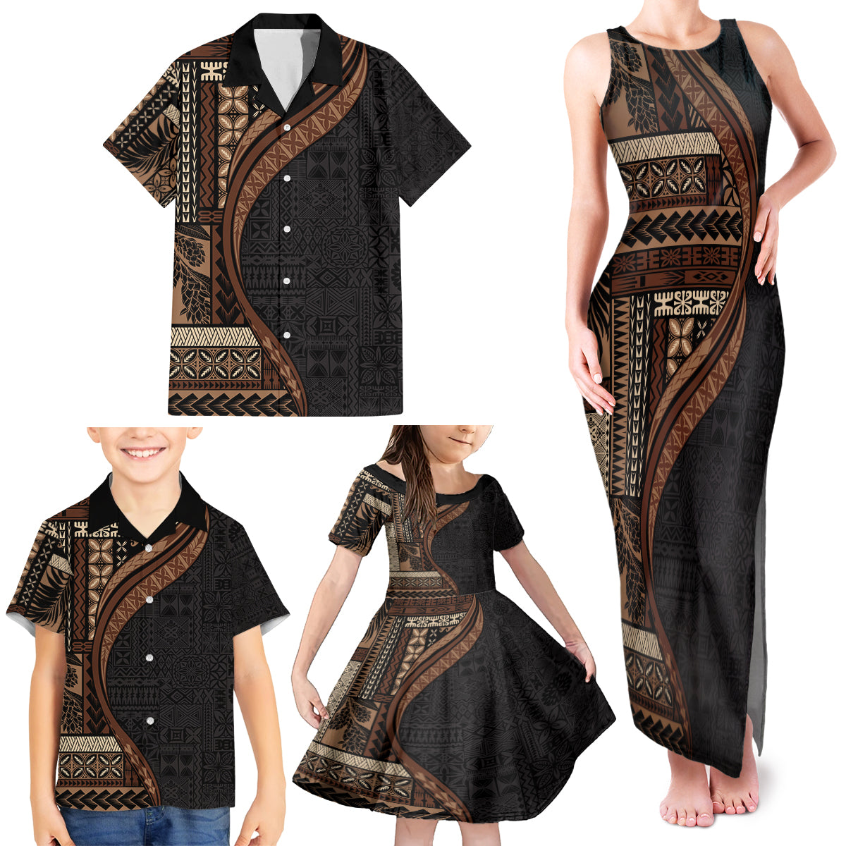 Samoa Siapo Motif and Tapa Pattern Half Style Family Matching Tank Maxi Dress and Hawaiian Shirt Black Color LT03 - Polynesian Pride
