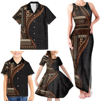 Samoa Siapo Motif and Tapa Pattern Half Style Family Matching Tank Maxi Dress and Hawaiian Shirt Black Color LT03 - Polynesian Pride