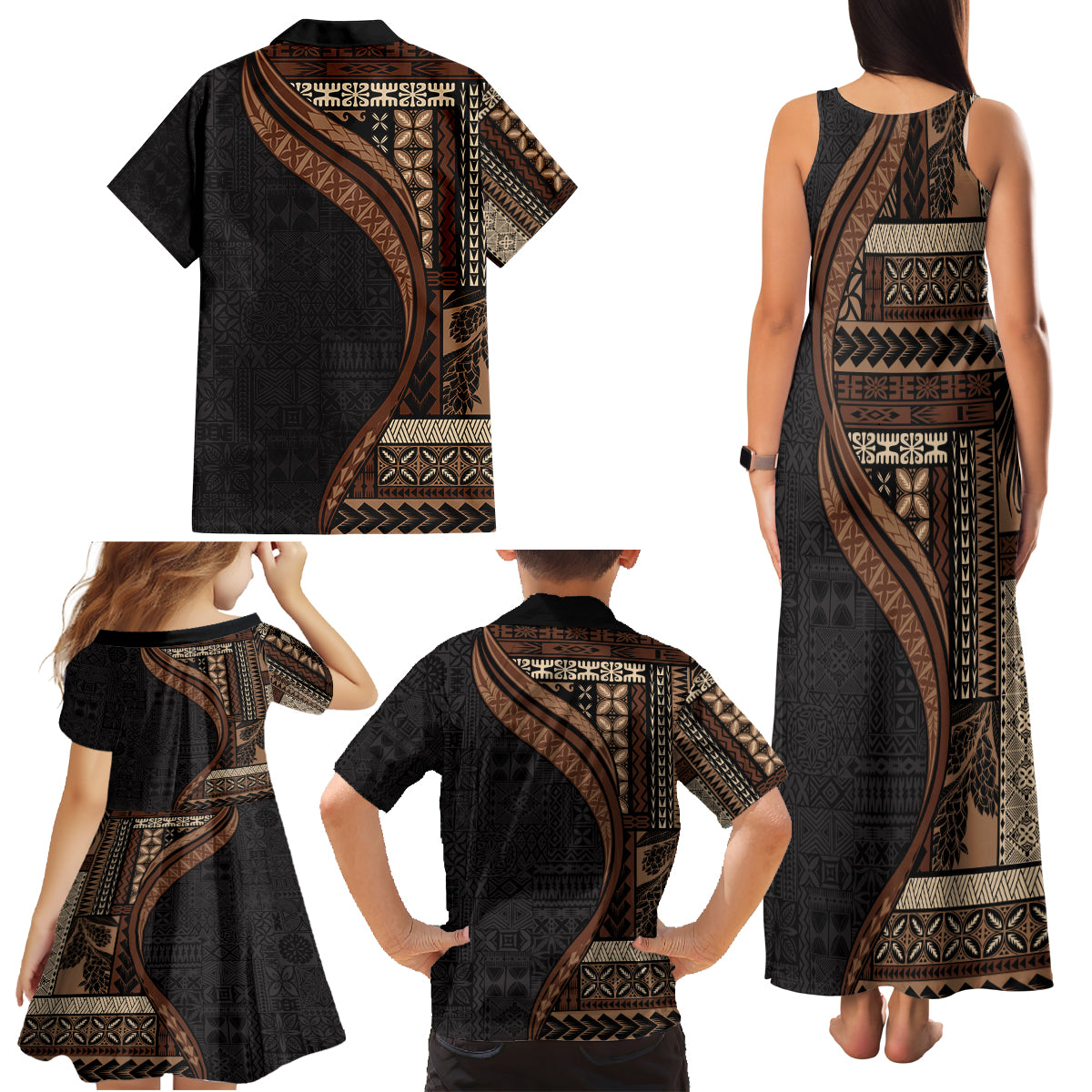 Samoa Siapo Motif and Tapa Pattern Half Style Family Matching Tank Maxi Dress and Hawaiian Shirt Black Color LT03 - Polynesian Pride