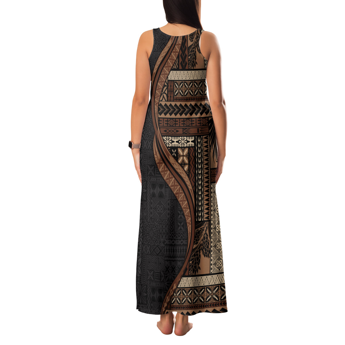 Samoa Siapo Motif and Tapa Pattern Half Style Family Matching Tank Maxi Dress and Hawaiian Shirt Black Color LT03 - Polynesian Pride