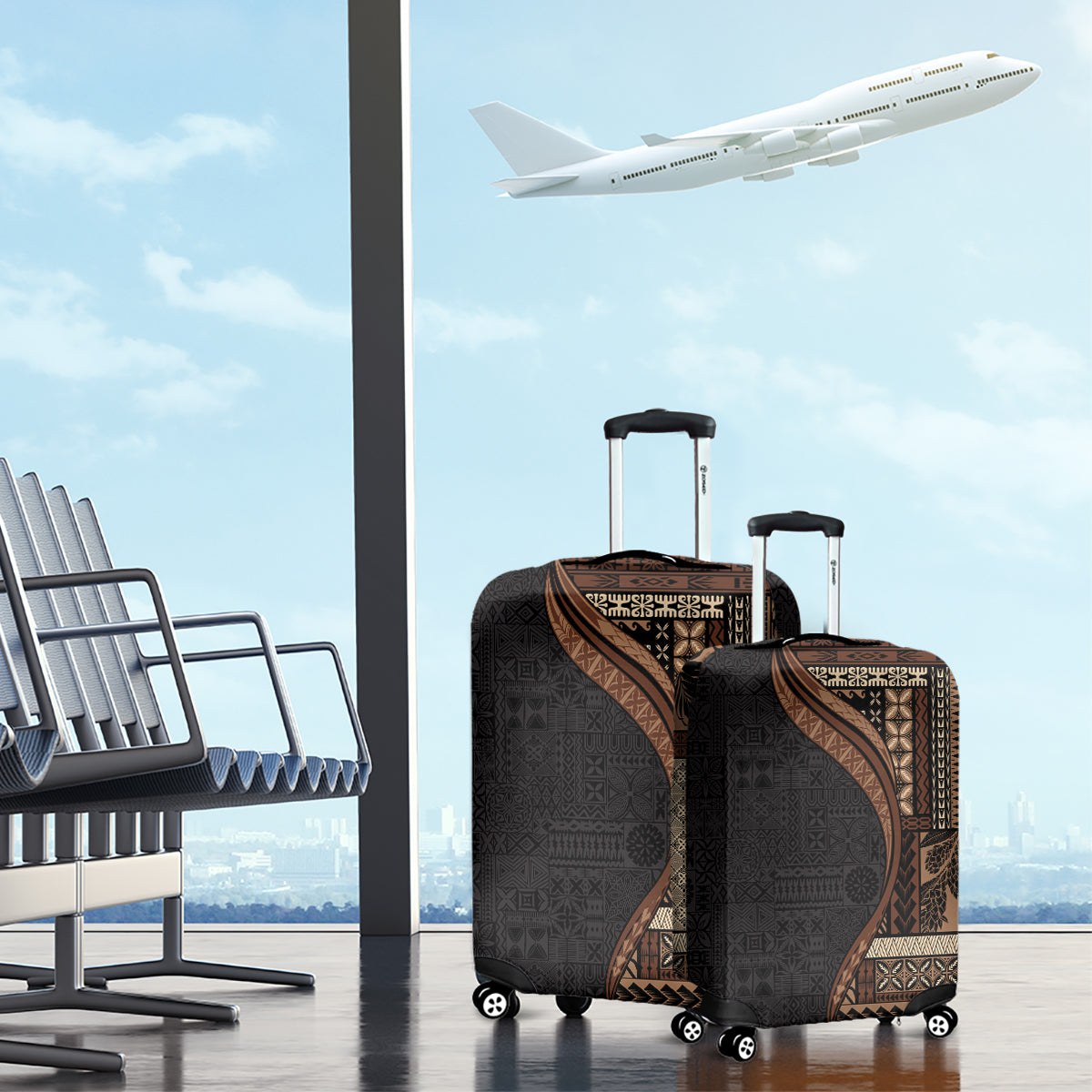 Samoa Siapo Motif and Tapa Pattern Half Style Luggage Cover Black Color LT03 - Polynesian Pride