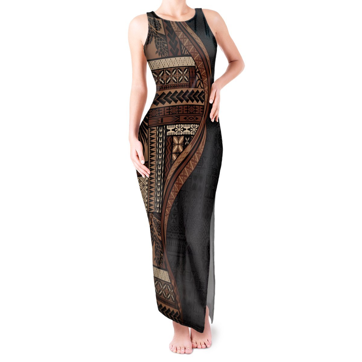 Samoa Siapo Motif and Tapa Pattern Half Style Tank Maxi Dress Black Color LT03 Women Black - Polynesian Pride
