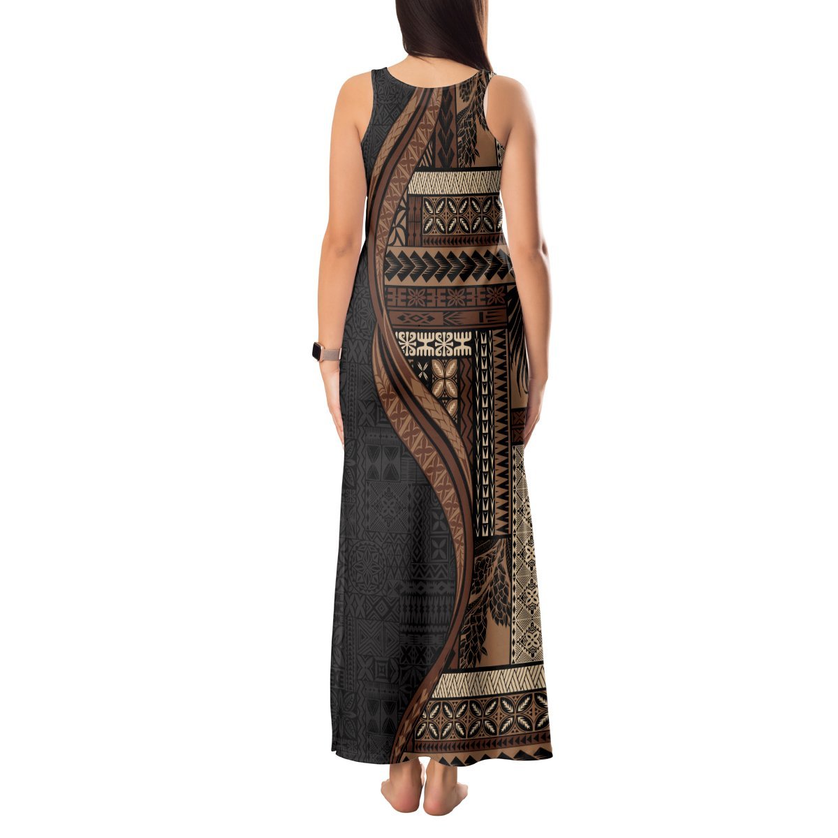 Samoa Siapo Motif and Tapa Pattern Half Style Tank Maxi Dress Black Color LT03 - Polynesian Pride