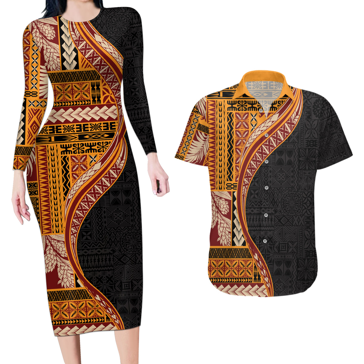 Samoa Siapo Motif and Tapa Pattern Half Style Couples Matching Long Sleeve Bodycon Dress and Hawaiian Shirt Yellow Color LT03 Yellow - Polynesian Pride