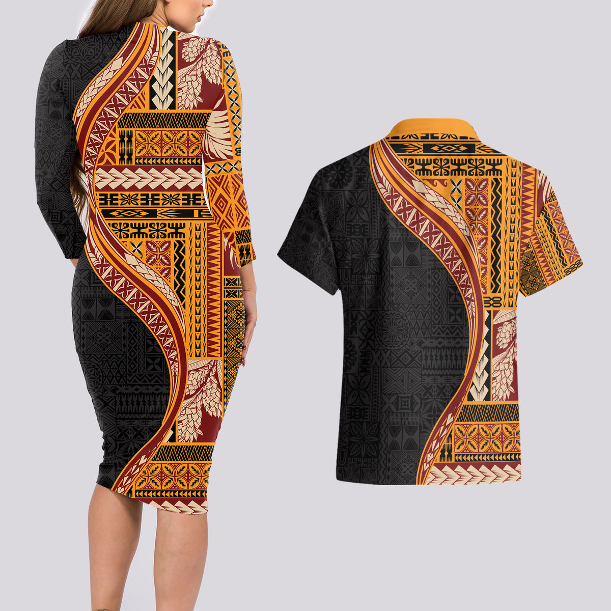 Samoa Siapo Motif and Tapa Pattern Half Style Couples Matching Long Sleeve Bodycon Dress and Hawaiian Shirt Yellow Color LT03 - Polynesian Pride