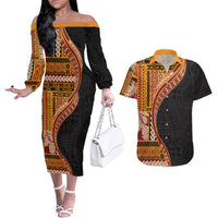 Samoa Siapo Motif and Tapa Pattern Half Style Couples Matching Off The Shoulder Long Sleeve Dress and Hawaiian Shirt Yellow Color LT03 Yellow - Polynesian Pride