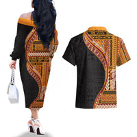 Samoa Siapo Motif and Tapa Pattern Half Style Couples Matching Off The Shoulder Long Sleeve Dress and Hawaiian Shirt Yellow Color LT03 - Polynesian Pride