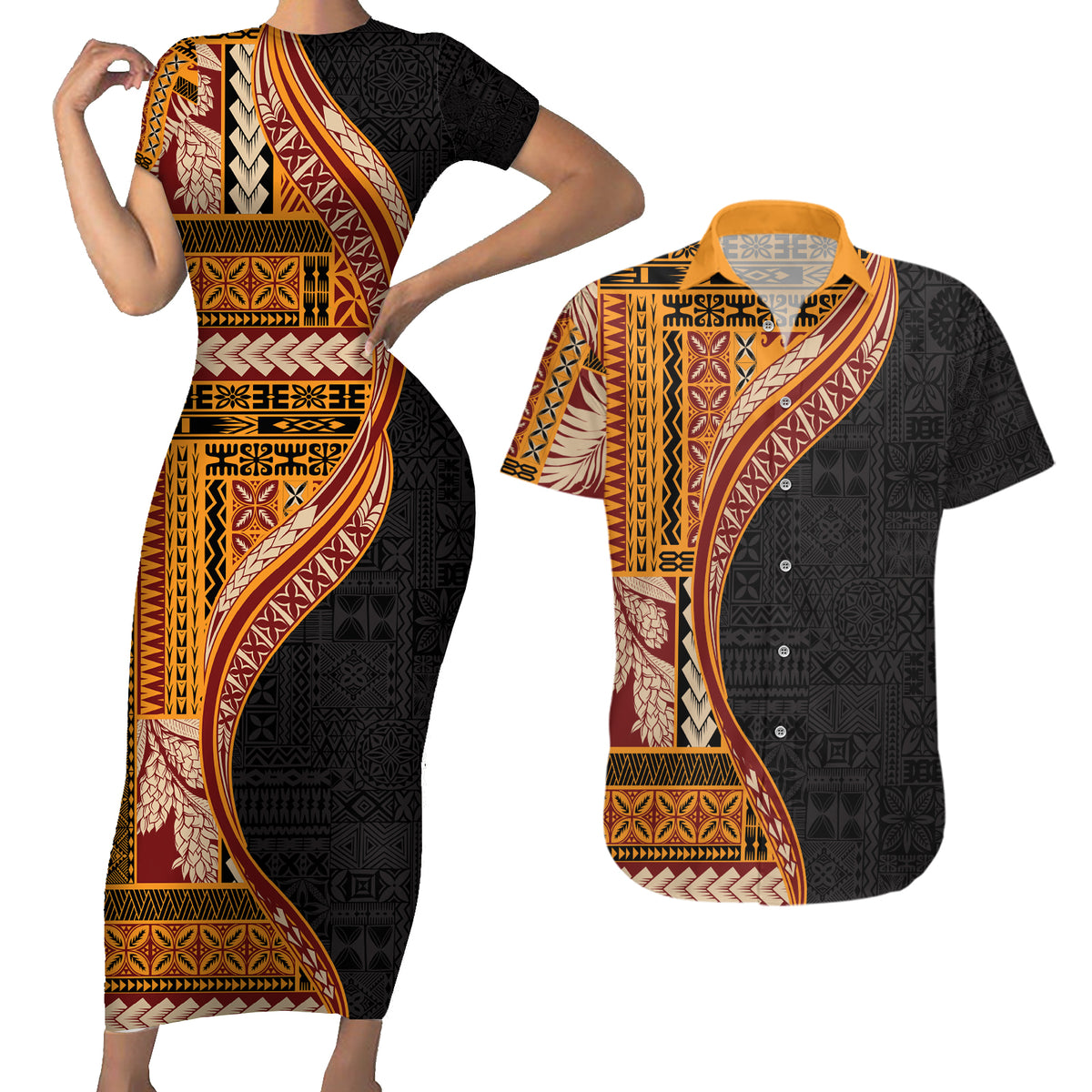 Samoa Siapo Motif and Tapa Pattern Half Style Couples Matching Short Sleeve Bodycon Dress and Hawaiian Shirt Yellow Color LT03 Yellow - Polynesian Pride