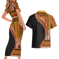 Samoa Siapo Motif and Tapa Pattern Half Style Couples Matching Short Sleeve Bodycon Dress and Hawaiian Shirt Yellow Color LT03 - Polynesian Pride