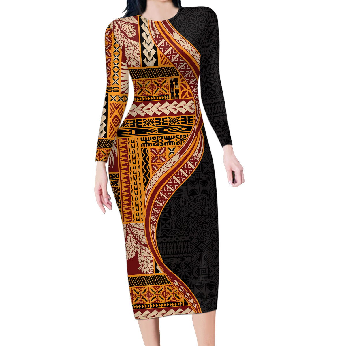 Samoa Siapo Motif and Tapa Pattern Half Style Family Matching Long Sleeve Bodycon Dress and Hawaiian Shirt Yellow Color LT03 Mom's Dress Yellow - Polynesian Pride