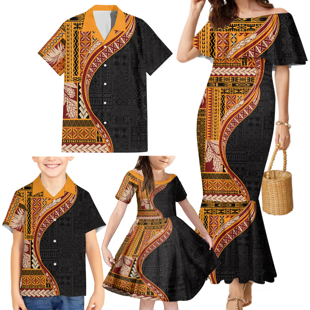 Samoa Siapo Motif and Tapa Pattern Half Style Family Matching Mermaid Dress and Hawaiian Shirt Yellow Color LT03 - Polynesian Pride