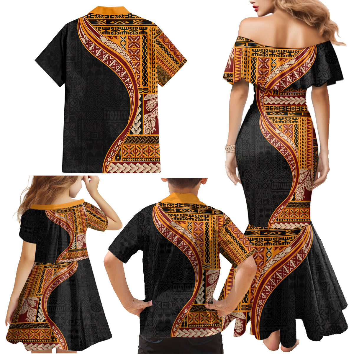Samoa Siapo Motif and Tapa Pattern Half Style Family Matching Mermaid Dress and Hawaiian Shirt Yellow Color LT03 - Polynesian Pride