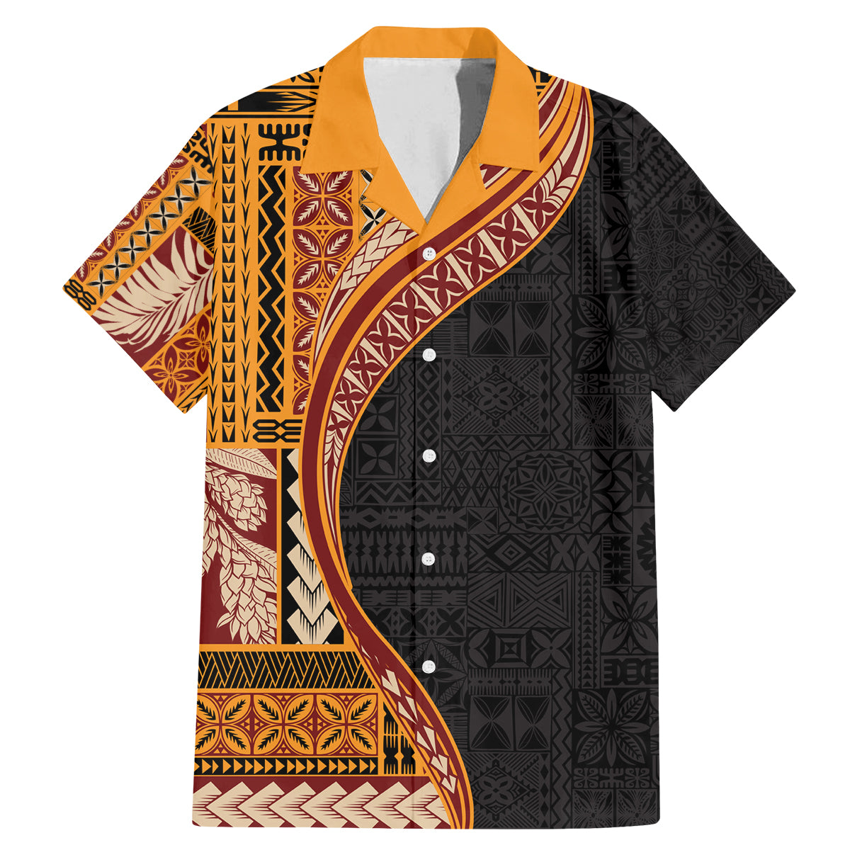 Samoa Siapo Motif and Tapa Pattern Half Style Family Matching Mermaid Dress and Hawaiian Shirt Yellow Color LT03 Dad's Shirt - Short Sleeve Yellow - Polynesian Pride